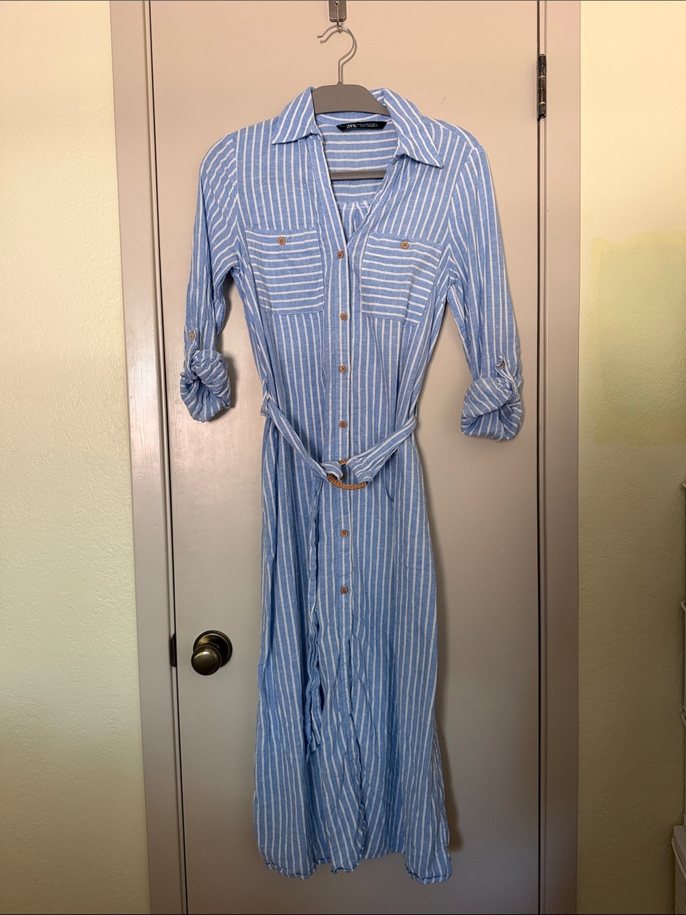 Zara Light Blue Stripe Button-Front Shirt Dress with Belt